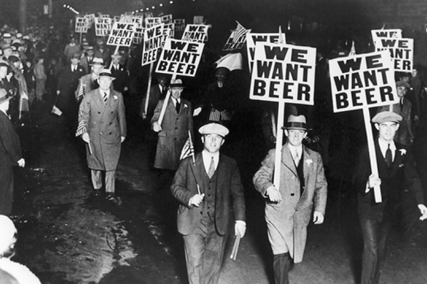 Anit-prohibition marchers with placards stating "We Want Beer".