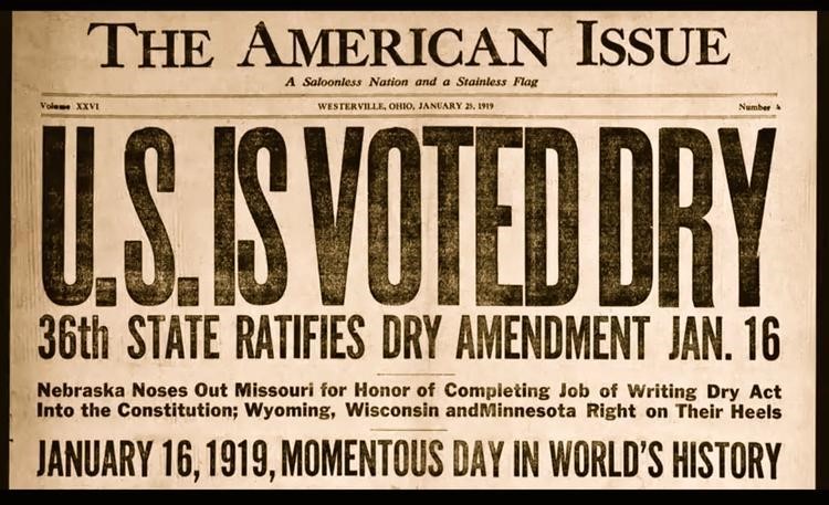 Newspaper headline announcing the passage of the 18th U.S. Constitutional Amendment prohibiting the sale of alcohol. The headline reads "U.S. Is Voted Dry. 36th State Ratifies Dry Amendment"