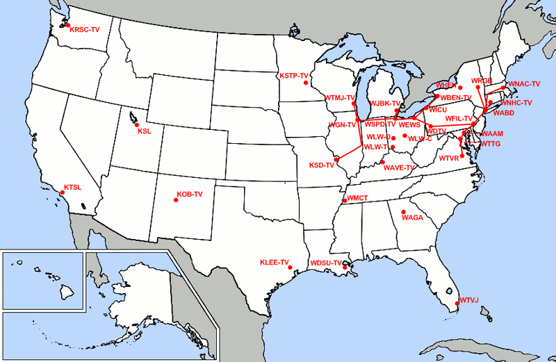 A map of the continental U.S. in 1949, showing locations of the DuMont network affiliate stations. In the western U.S., there were far less stations than there were in the east.