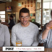 Saturday Evening Post staff members Nick Gilmore, Chris Wakefield, and Troy Brownfield having a chat in a bar about what happened during the past week at the Saturday Evening Post