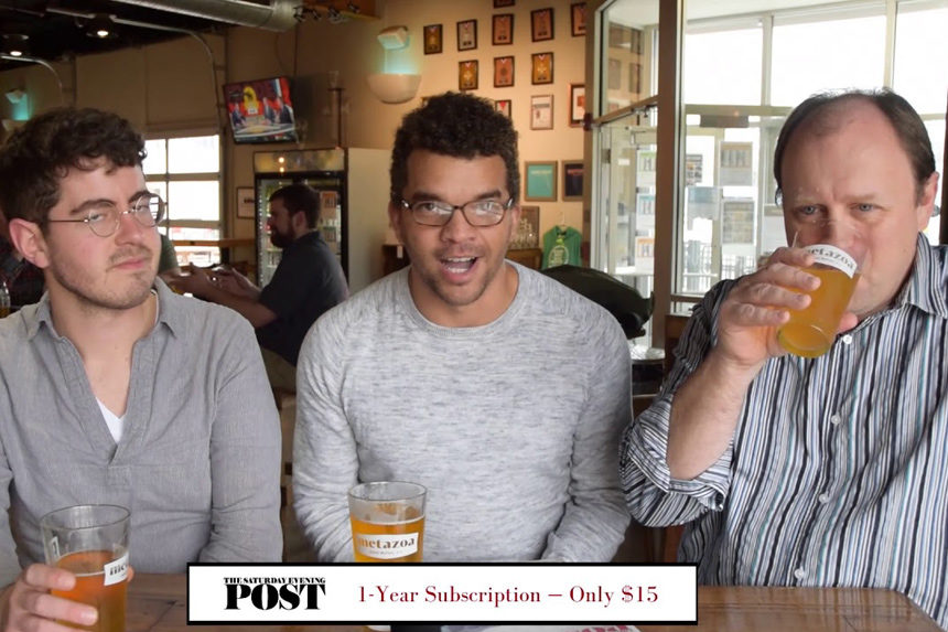 Saturday Evening Post staff members Nick Gilmore, Chris Wakefield, and Troy Brownfield having a chat in a bar about what happened during the past week at the Saturday Evening Post