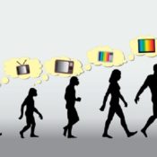 A chart showing the different stages of man as he evolves from a simple ape to a modern, upright human. Each shilouette has a thought bubble of the television in various stages of development, signifying the evolution of the medium.