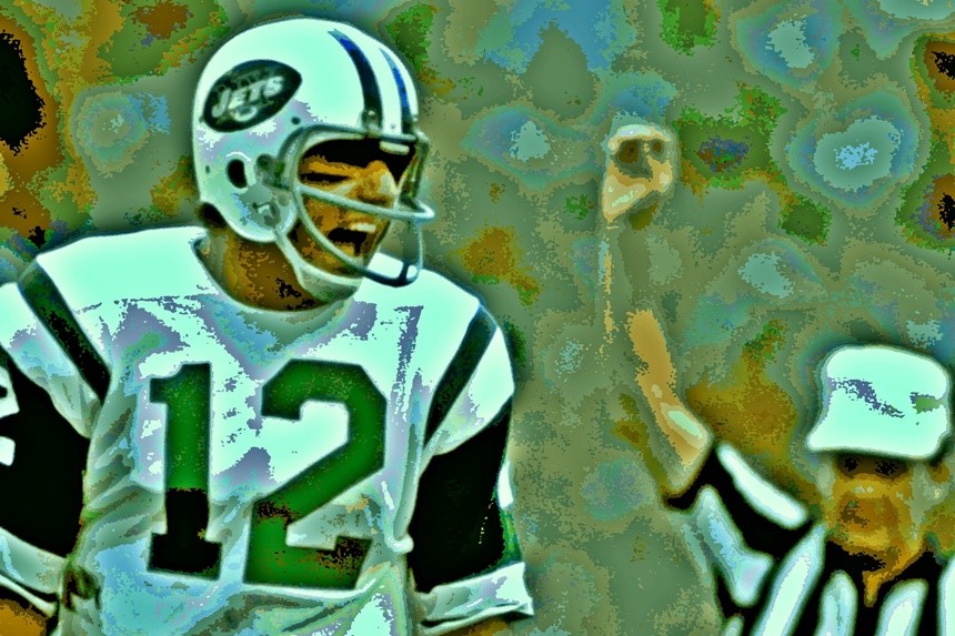 Joe Namath wearing his New York Jests uniform and helmet