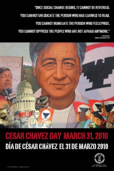 A poster for César Chávez day, featuring scenes from the Mexican-American activist's life.