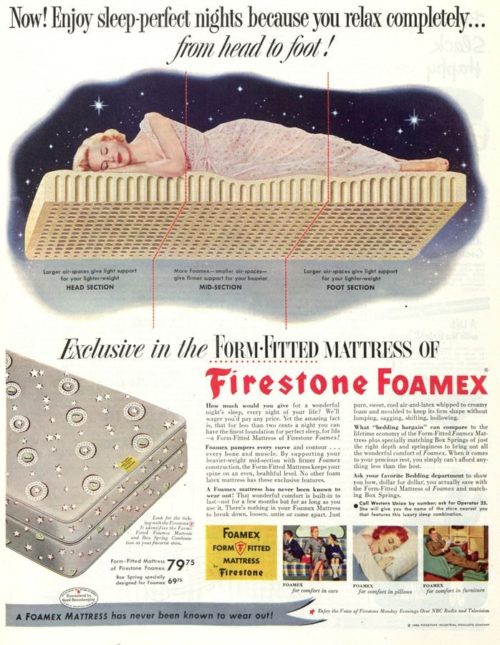 A vintage ad from the 1950s for a Firestone foam mattress.