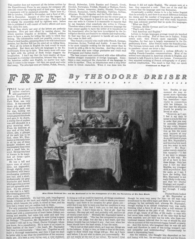 First page for the short story "Free" by Theodore Dreiser as it appeared in the Saturday Evening Post