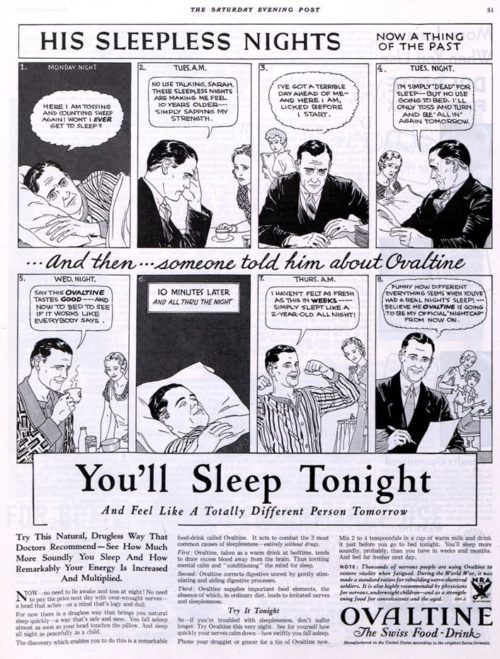 A vintage ad for Ovaltine, featuring a comic strip of a man explaining the benefits of the drink