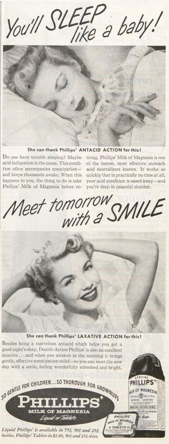 A vintage ad for a sleep aid called Phillips Milk of Magnesia, featuring a happy, well-rested woman.