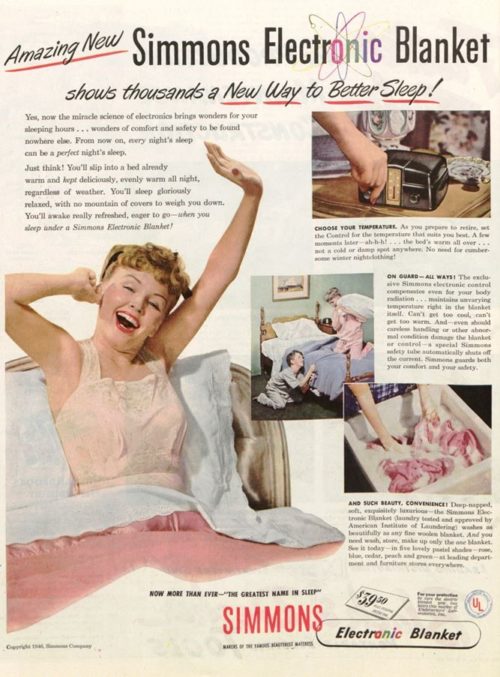An early ad for an electric blanket, by Simmons.