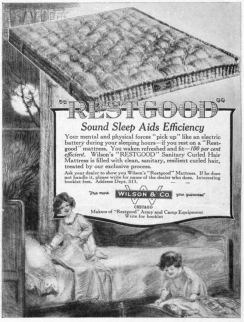 Ad for a Wilson & Co. mattress, filled with cotton and curled animal hair