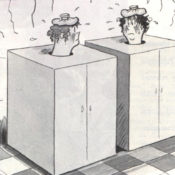 Two women in steam boxes talk