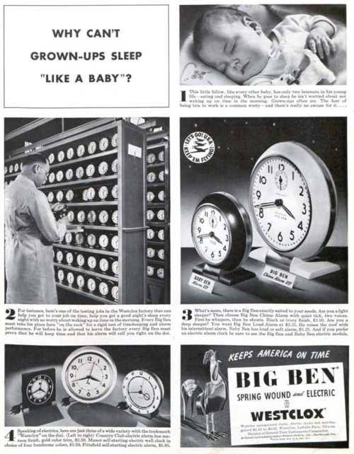 Vintage advertisement for Westclox Big Bed clocks. Features images of alarm clocks to help you wake up in the morning.