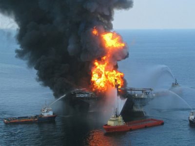 Coast Guard vessels putting out fires at the Deepwater Horizon oil rig