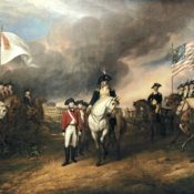 Painted scene of when General Cornwallis surrendered to American and French soldiers at Yorktown.
