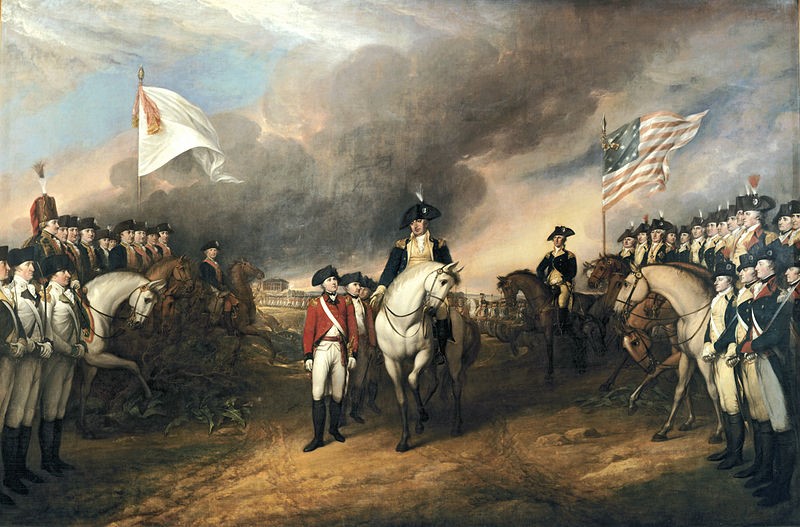 Painted scene of when General Cornwallis surrendered to American and French soldiers at Yorktown.