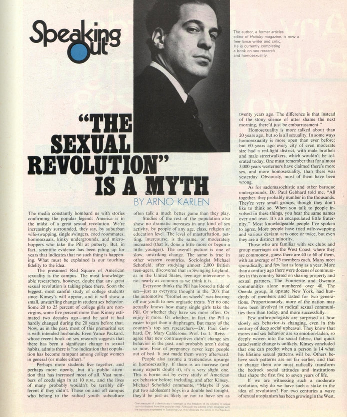 First page of the article, "The Sexual Revolution is a Myth" by Arno Karlen as it appeared in the Saturday Evening Post