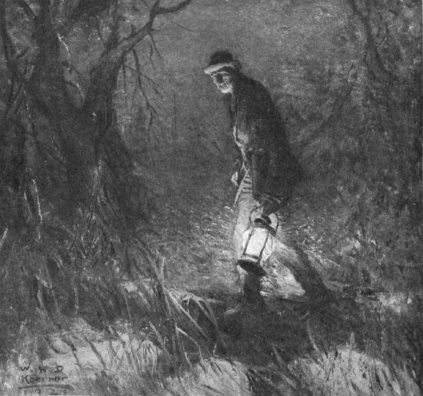 Man with a lit lantern walks through the woods.