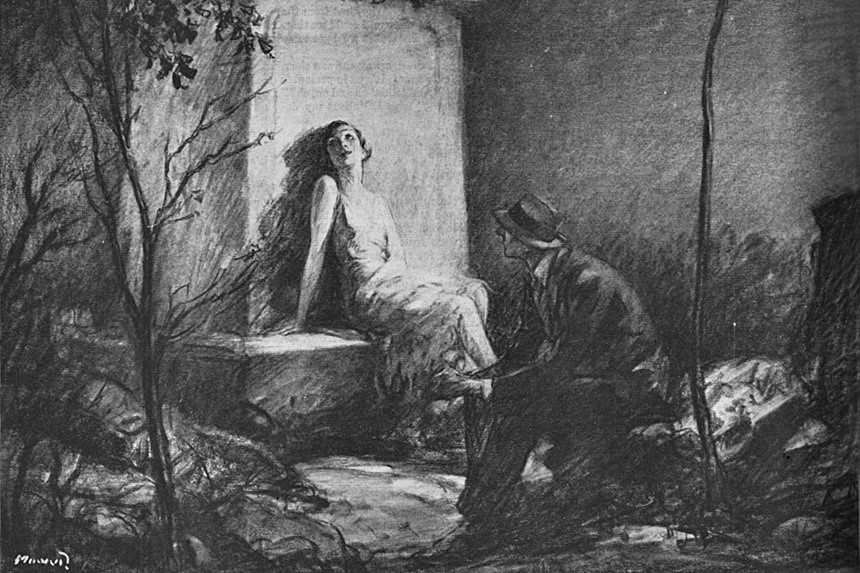 A man talks to a woman in a graveyard