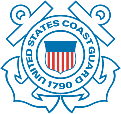 The logo for the United States Coast Guard, featuring the Coast Guard shield, crossed anchors, and the year of the branch's foundation, 1790.