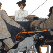 Woman driving a horse carriage as two men board.