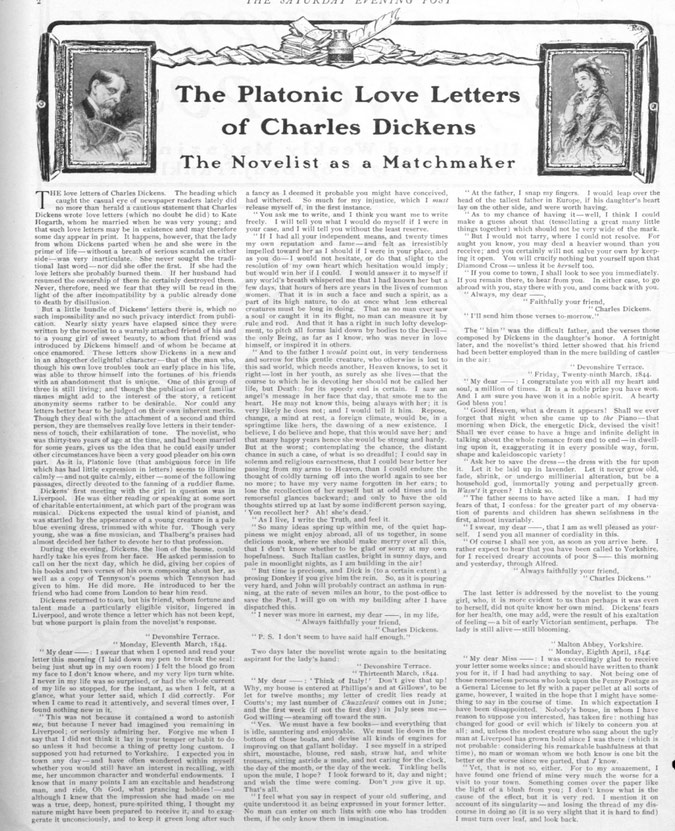 The first page of the article "The Platonic Love Letters of Chalers Dickens" as it appeard in the post.