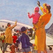 Family waving goodby to their father as he boards a plane