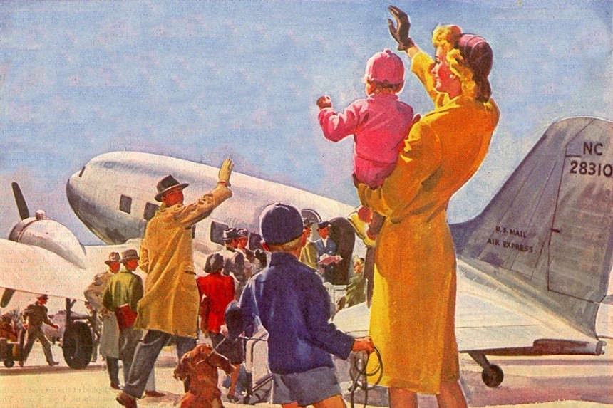 Family waving goodby to their father as he boards a plane