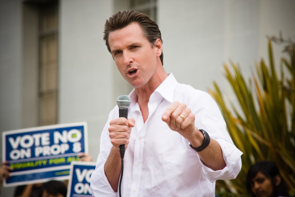 Former San Francisco mayor Gavin Newsom speaks at a rally
