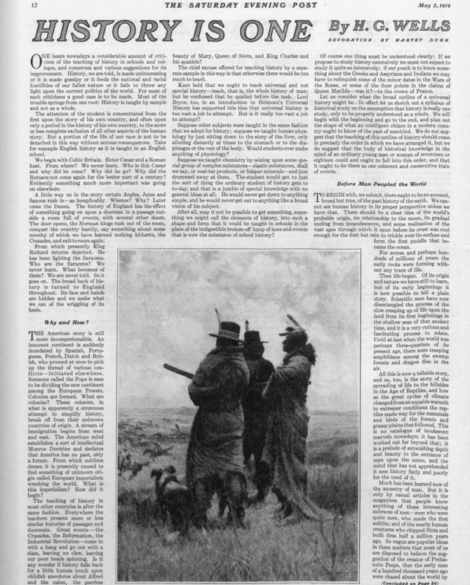The first page of the article "History is One" by H.G. Wells as it appeared in The Saturday Evening Post