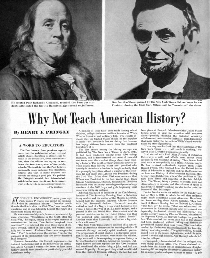 First page of the article "Why Not Teach American History" as it appeared in the Saturday Evening Post