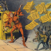 A political cartoon from 1910 depicting newspaper magnate William Randolph Hearst tossing stacks of newspapers to a crowd of people,.