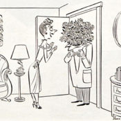 Woman greets a stranger with a large bouquet of roses.