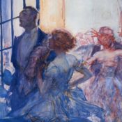 A man and woman talking on a balcony outside an upscale dance party