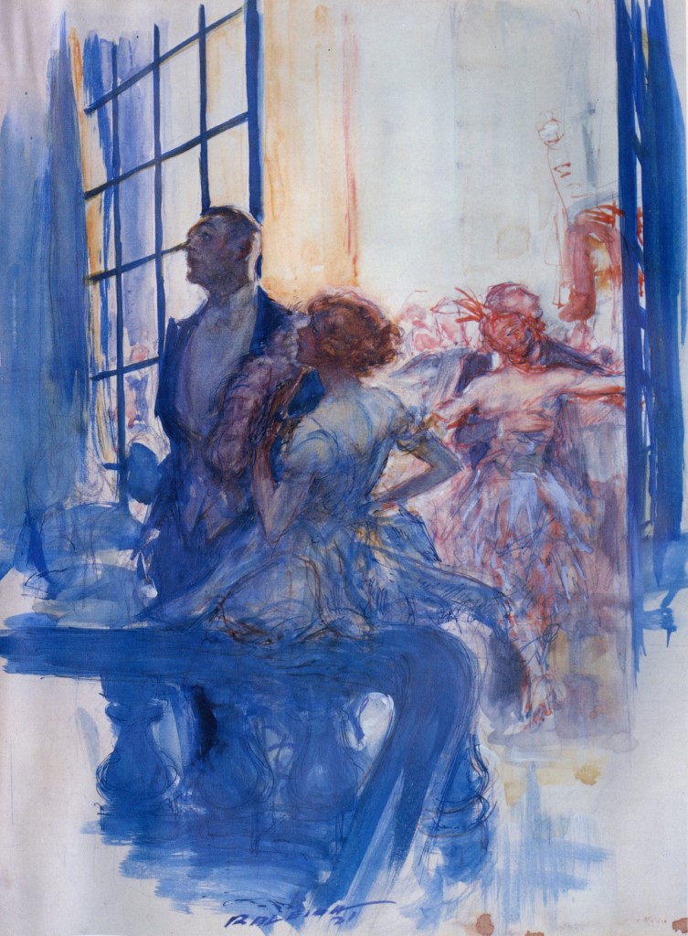 A man and woman talking on a balcony outside an upscale dance party