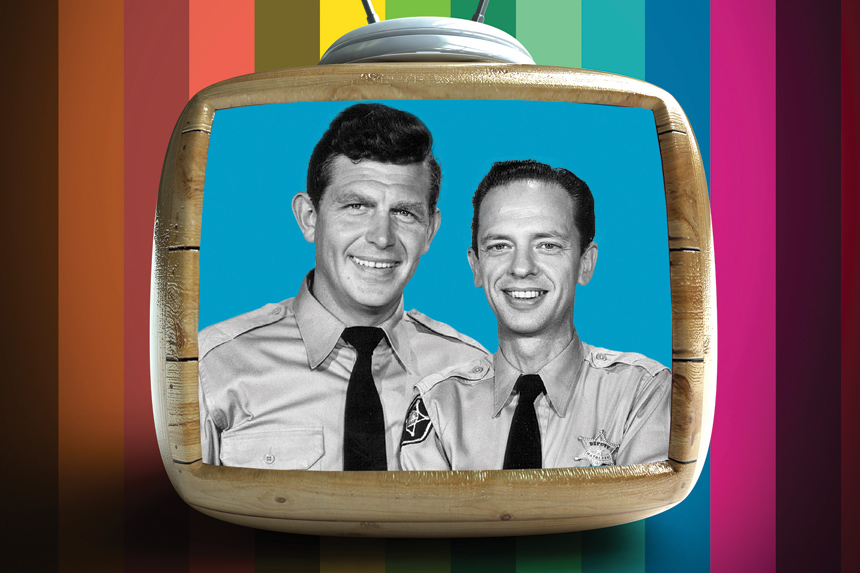 Andy Griffith as Sheriff Andy Taylor and Don Knotts as his deputy, Barney Fifte, smile on a retro television