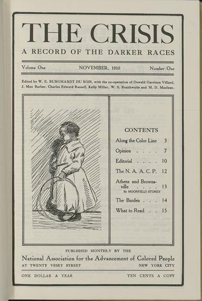 The cover of The Crisis' first issue, published in 1910. Featuring an African-American child holding a toy hoop