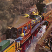 A woman leans out of a steam locomotive as it barrels through a rocky canyon