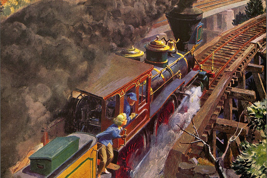 A woman leans out of a steam locomotive as it barrels through a rocky canyon