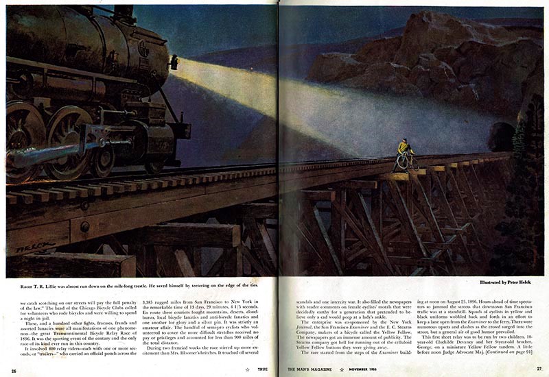 A train engine's spotlight focuses on a young man with a bike alone on the edge of a wooden suspended bridge at night.