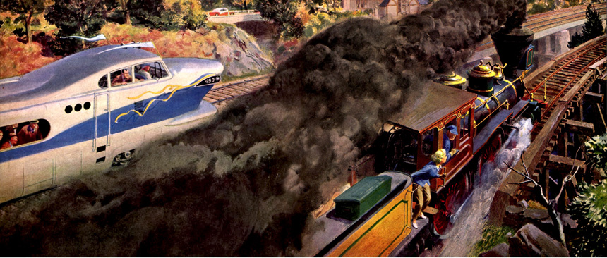 A passengers on a modern train gaze in amazement as an older steam locomotive passes them by on a parallel track.