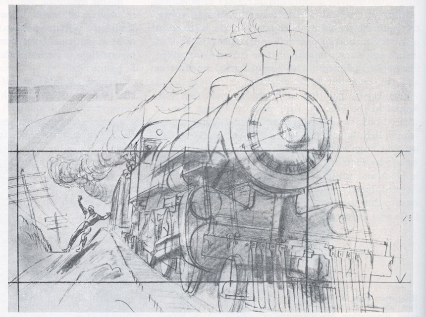 Rough sketch of a moving steam engine train, with a man leaping from it.