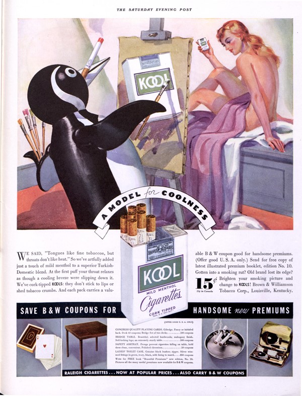 Penguin smoking a cigarette with a naked women in their bedroom.