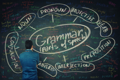 A man stands in front of a grammar idea map on a chalkboard