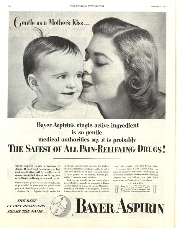Bayer aspirin ad featuring a mother and her baby