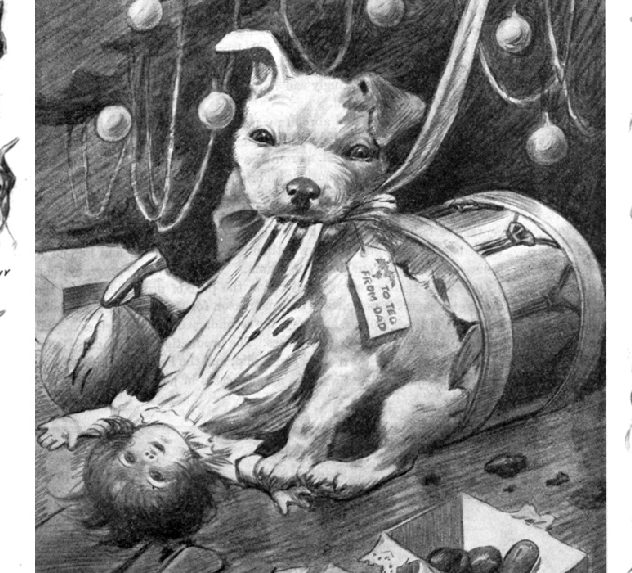 Dog chewing on a doll