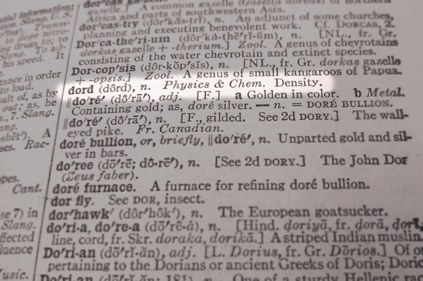 Open dictionary with the definition for "dord" showing on the exposed page