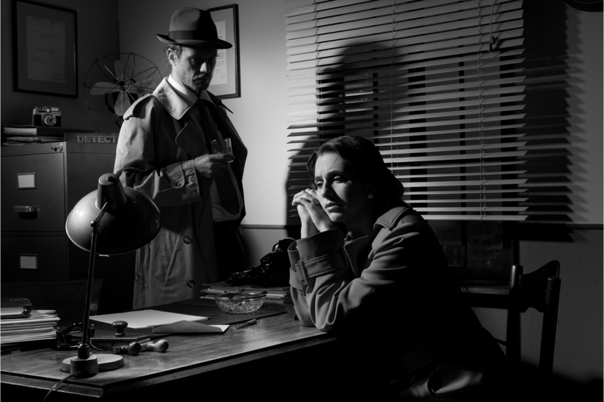 Noir scene with a detective and a distraught client.