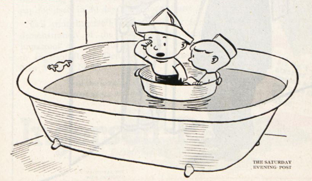 Two boys in a sauce pan float in a filled bathtub, acting like explorers at sea,