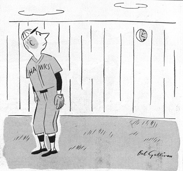 Man talking to a baseball player through a hole in the fence