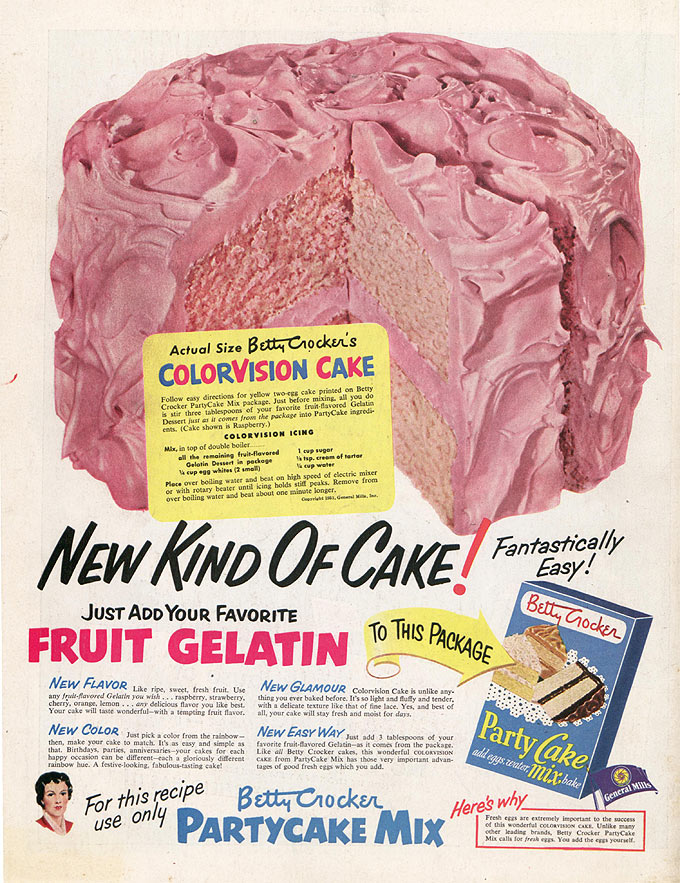 Ad for a fruit gelatin cake with pink frosting